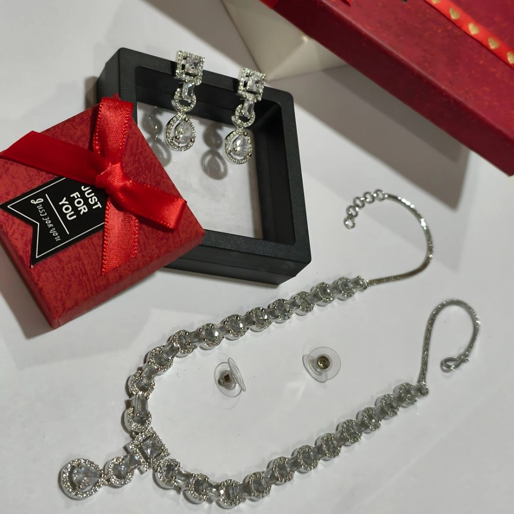 Special Rhodium Plated American Diamond Studded Jewellry Set