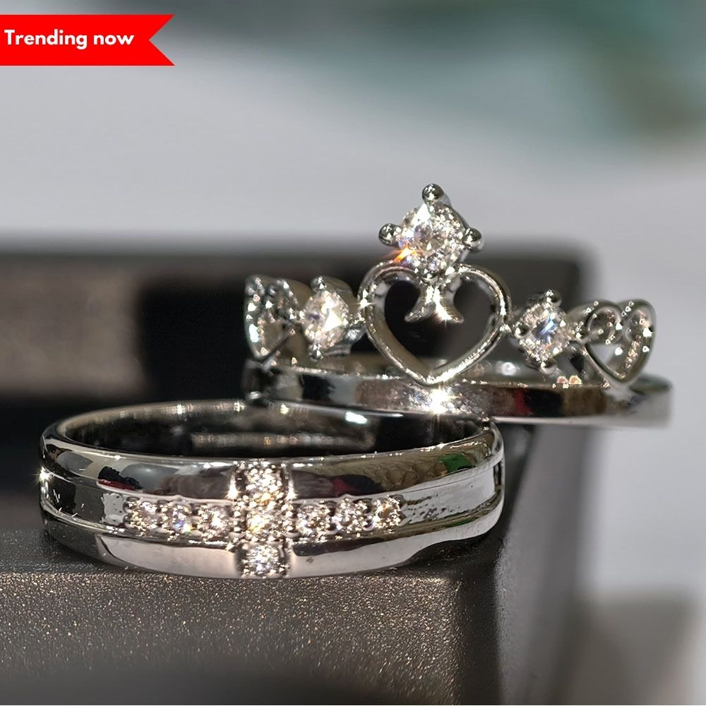 Special Valentines Crown King Queen Silver Plated Cubic Zirconia Ring