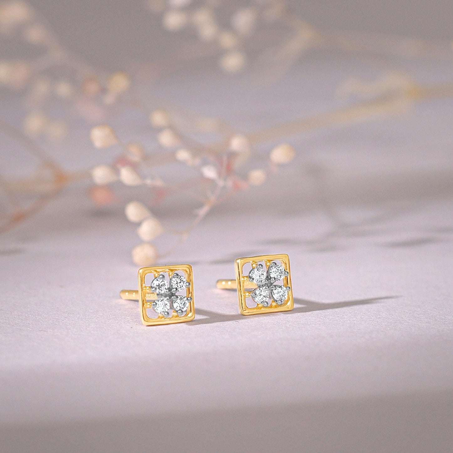 Gold Square Cut Diamond Stud Earrings