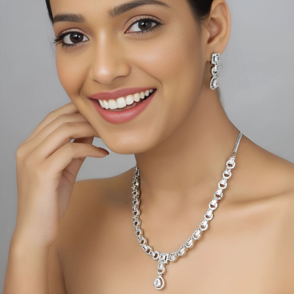 Special Rhodium Plated American Diamond Studded Jewellry Set