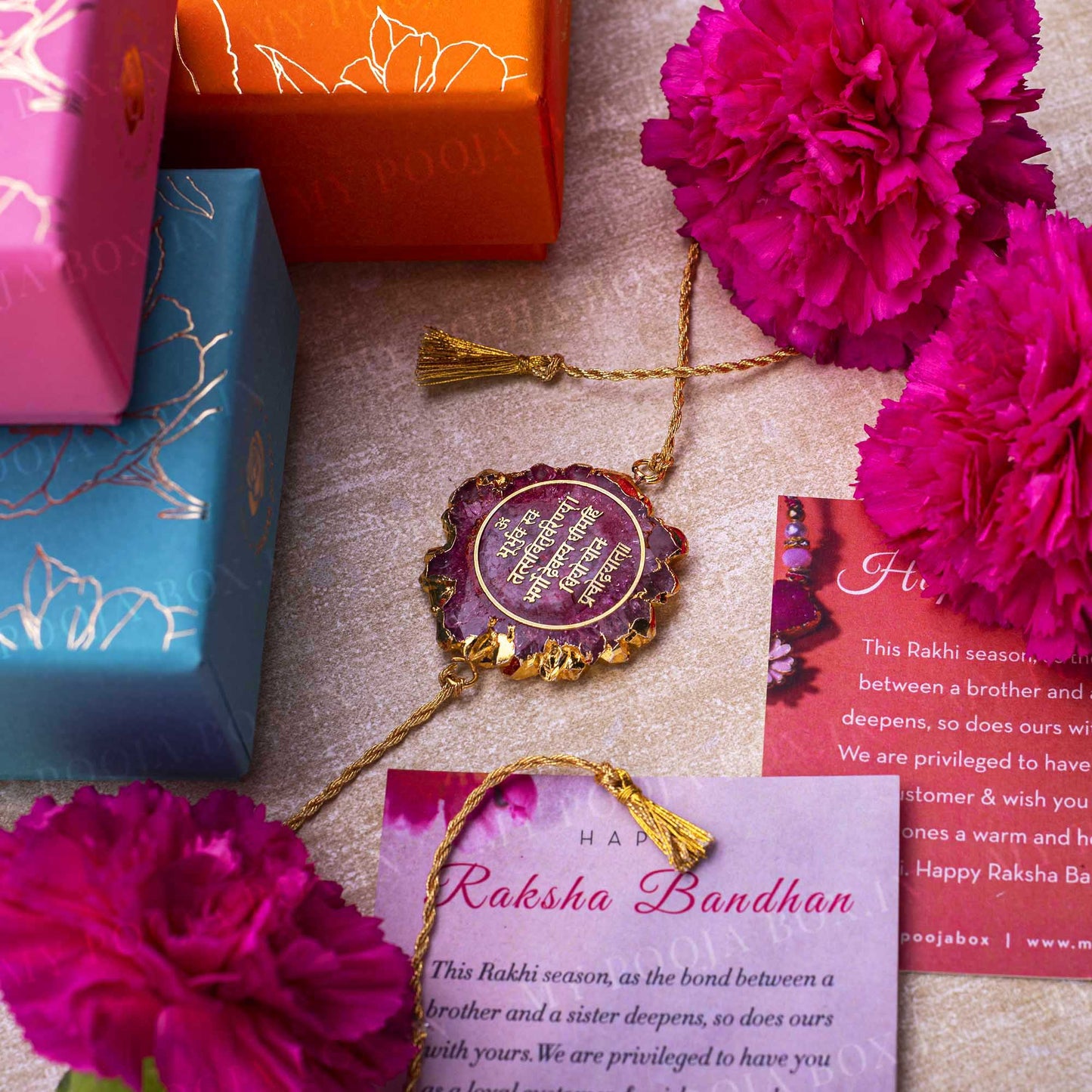 Gayatri Mantra Pink Agate Stone Rakhi
